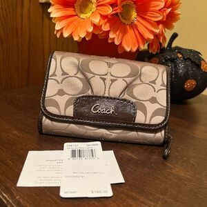 COACH BEIGE MONOGRAM CANVAS LEATHER FLAP WALLET